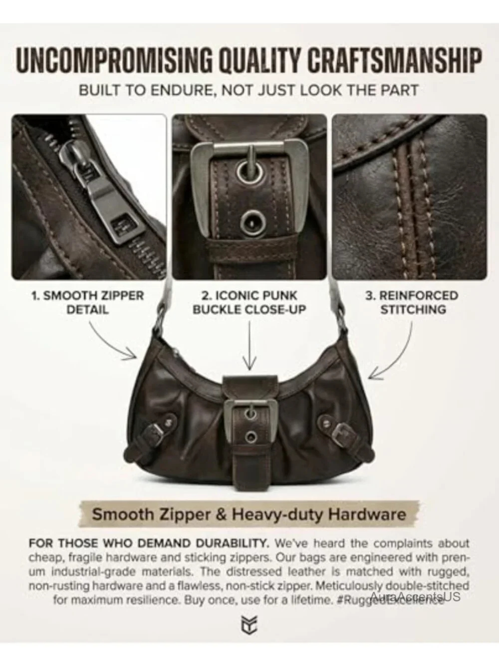 Small Hobo Shoulder Bag Odorless PU Leather Goth Punk Crescent Handbag